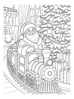 Santa Claus riding a toy engine on this festive christmas train coloring page.