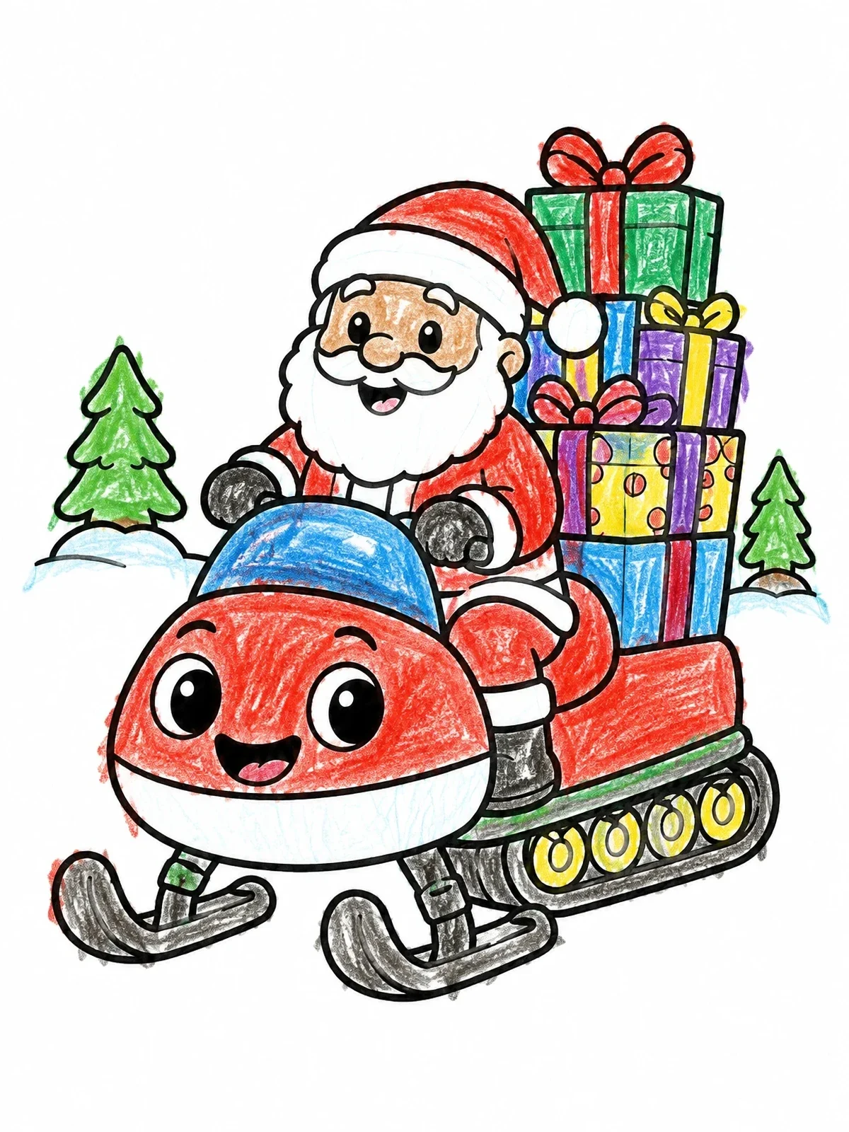 Colored example of the Santa Driving A Cute Snowmobile coloring page