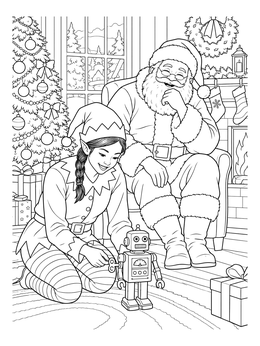 An elf tests a robot toy near Santa Claus in this cozy santa and elf coloring page.
