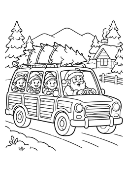 Free printable Santa And Elves In Station Wagon coloring page