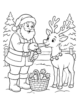 A cheerful santa coloring page showing Santa giving a carrot to a cute reindeer.