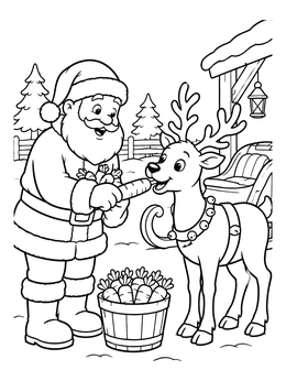 A cheerful santa claus coloring page showing Santa feeding a carrot to a happy reindeer.