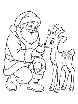 Santa Claus kneeling to feed a cute reindeer calf an apple on this santa coloring page.