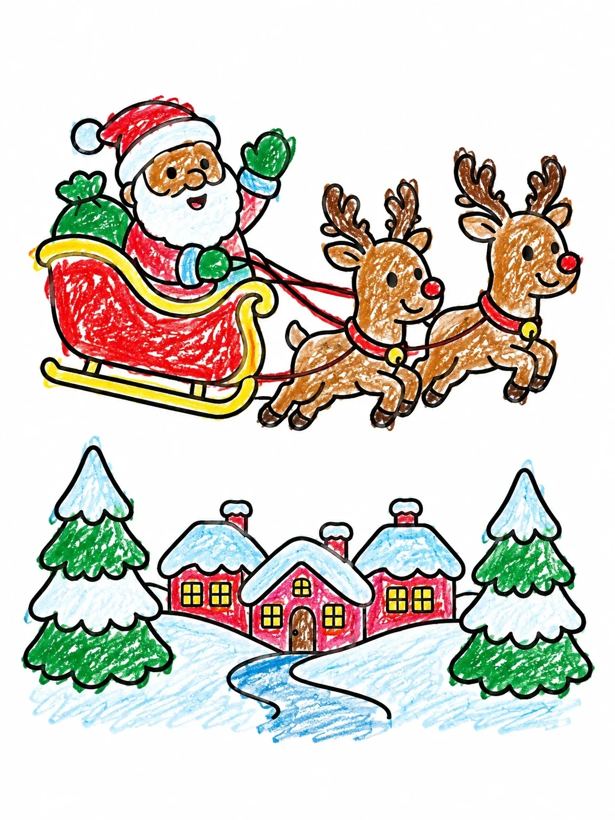 Colored example of the Santa Flying Over A Snowy Village coloring page