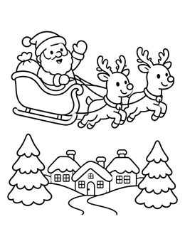 A cheerful santa and his sleigh coloring page flying with reindeer over a quiet village.