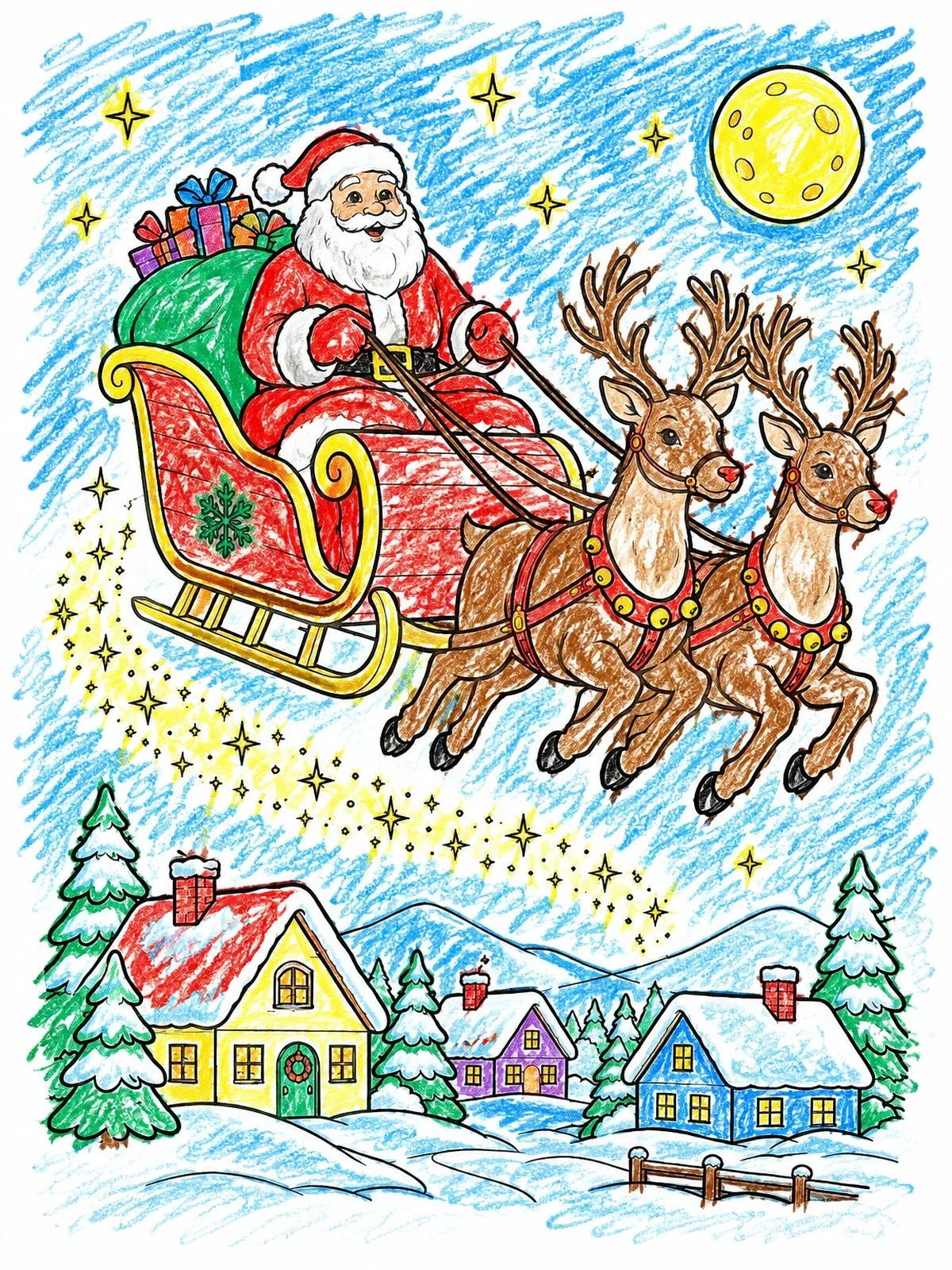Colored example of the Santa Flying Over Snowy Village coloring page