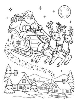 A detailed santa and his sleigh coloring page flying over a quiet village on Christmas Eve.
