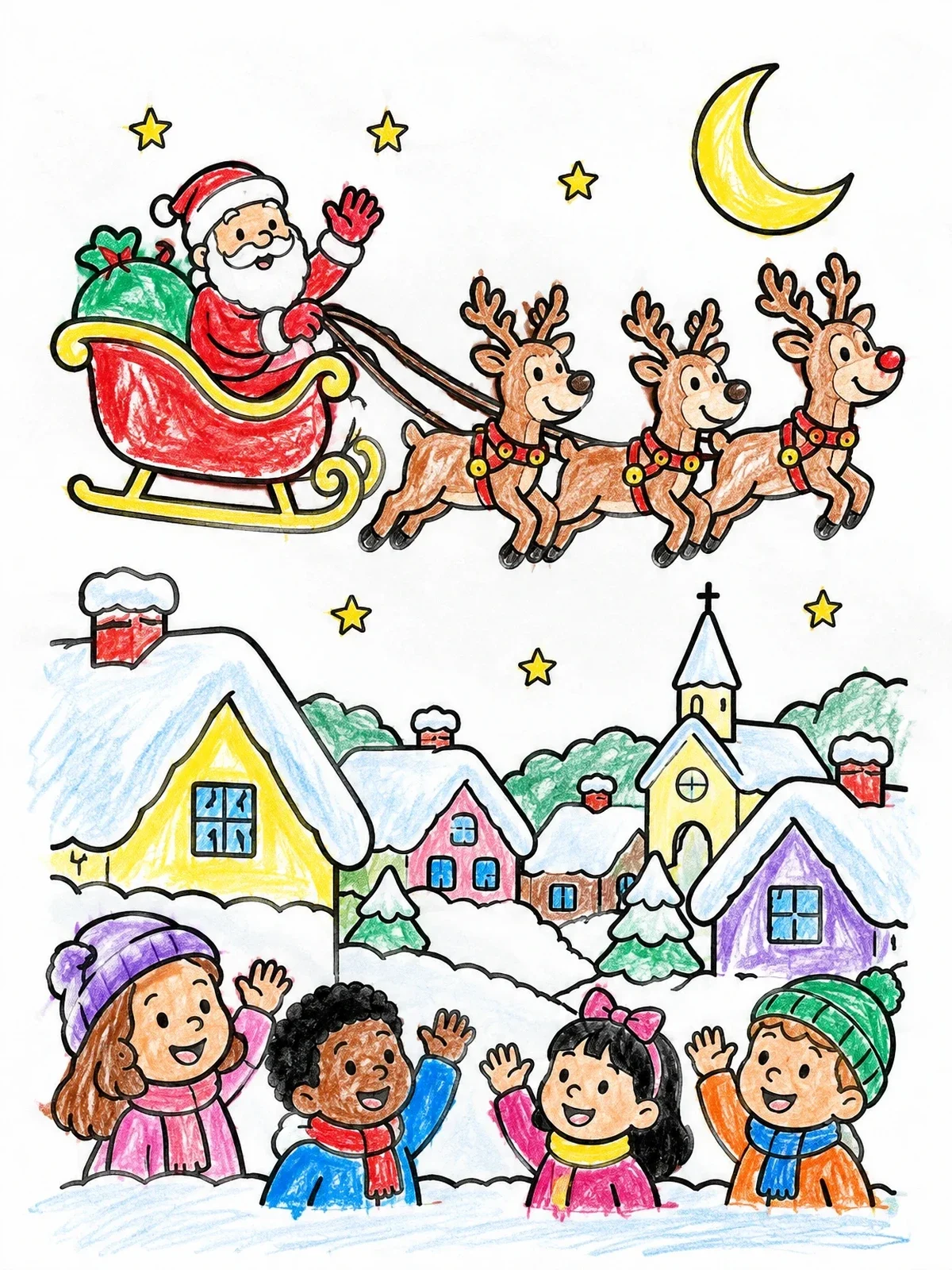 Colored example of the Santa Flying Over Snowy Village coloring page