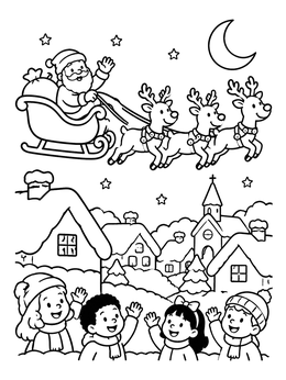 Free printable Santa Flying Over Snowy Village coloring page