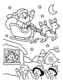 Santa coloring page with children waving at his flying sleigh.