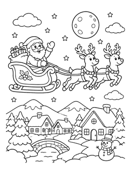 Free printable Santa Flying Over Winter Village coloring page
