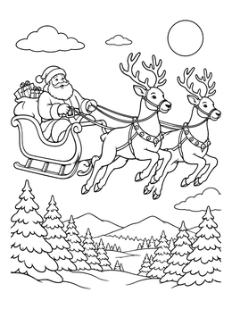 Santa Claus coloring page showing his sleigh soaring over pine trees pulled by reindeer.