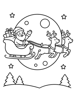 Free printable Santa Flying In Sleigh Across Moon coloring page