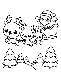 Santa waves from his sleigh above pine trees in this cute reindeer coloring page.