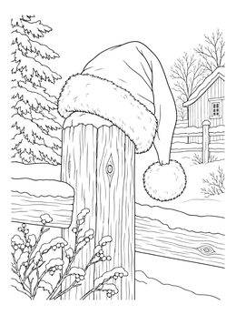 A cozy santa hats coloring page featuring a cap on a rustic winter post.
