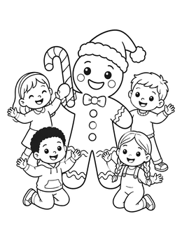 Free printable Gingerbread Man And Cheerful Kids coloring page