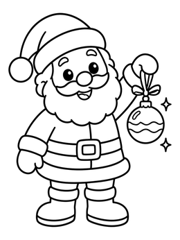 A cheerful santa coloring page featuring Santa Claus holding up a shiny Christmas ornament.