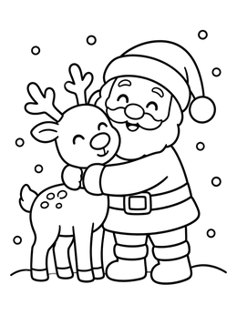 Santa coloring page showing Santa Claus hugging a smiling little reindeer in the snow.