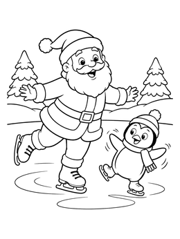 Santa Claus coloring page featuring Santa happily ice skating alongside a cute little penguin outdoors.