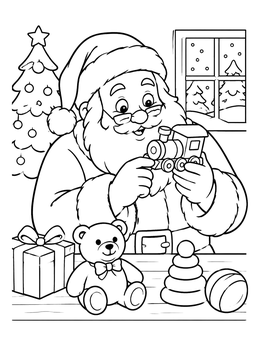 Santa Claus checks a toy train at his desk in this charming santa coloring page.