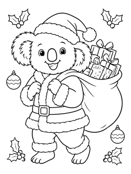 A cheerful christmas koala coloring page featuring a koala dressed as Santa with a sack of gifts.