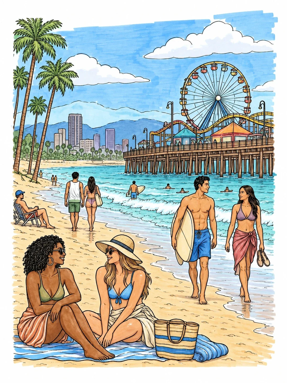 Colored example of the Santa Monica Pier And Beach coloring page
