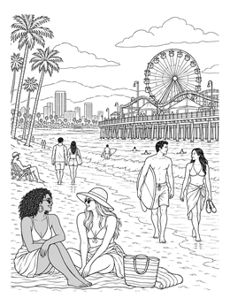 People enjoy the ocean shore in this detailed los angeles coloring page.