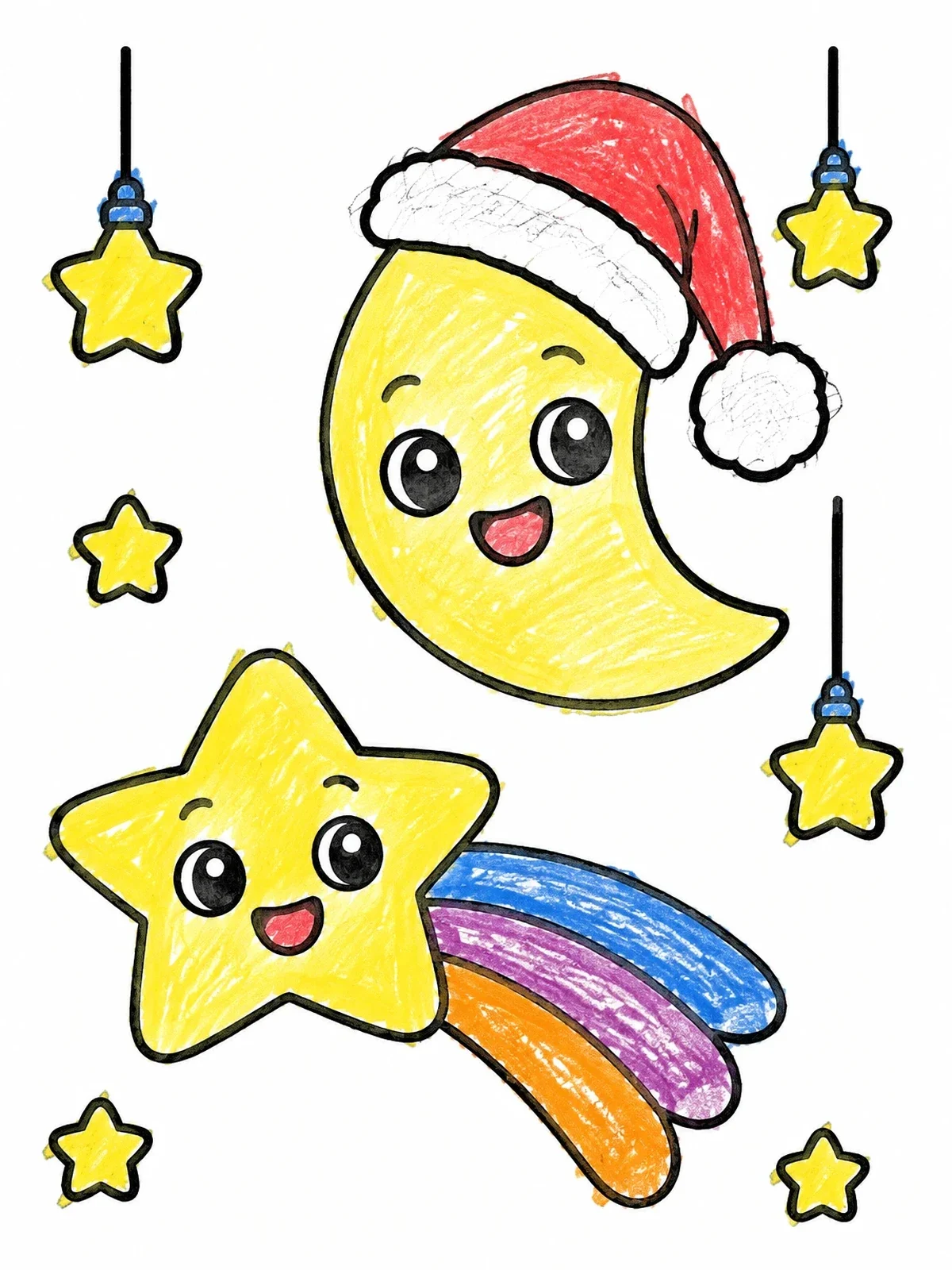 Colored example of the Santa Moon And Cheerful Shooting Star coloring page