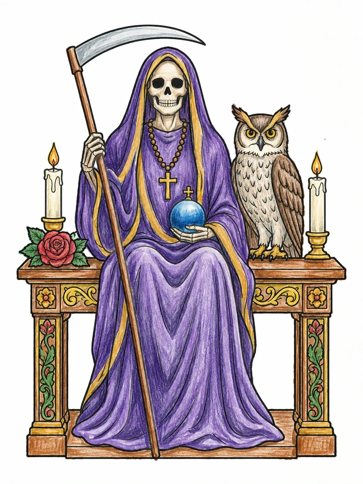 Colored example of the Santa Muerte Altar With Horned Owl coloring page