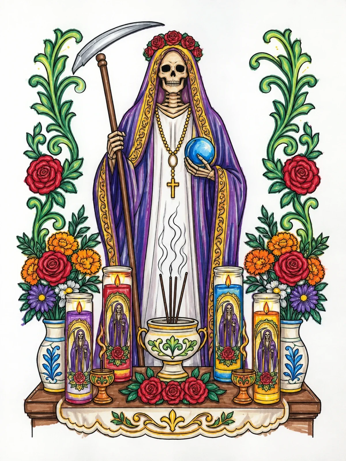 Colored example of the Santa Muerte At Altar Shrine coloring page