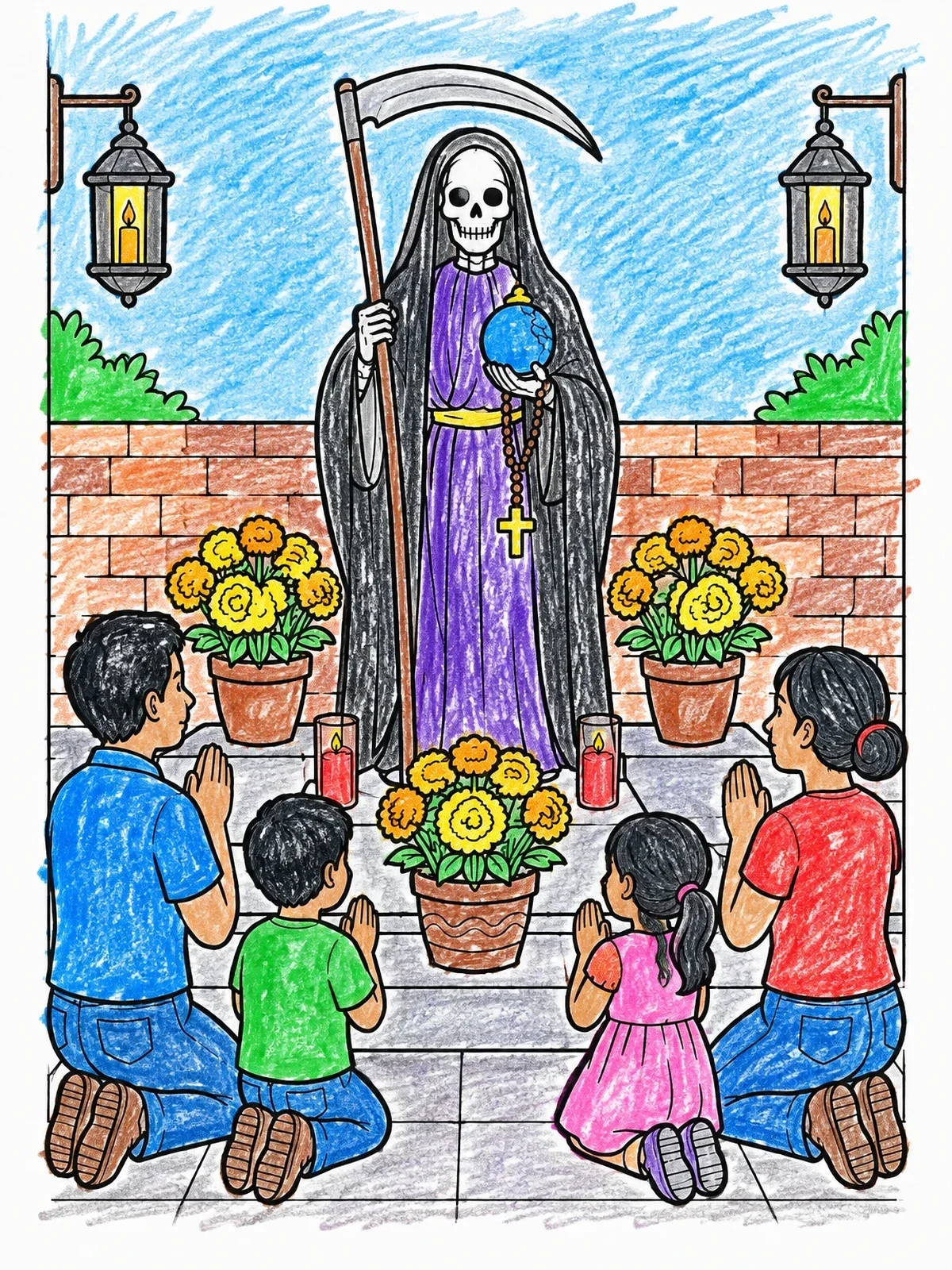 Colored example of the Family Shrine With Santa Muerte coloring page
