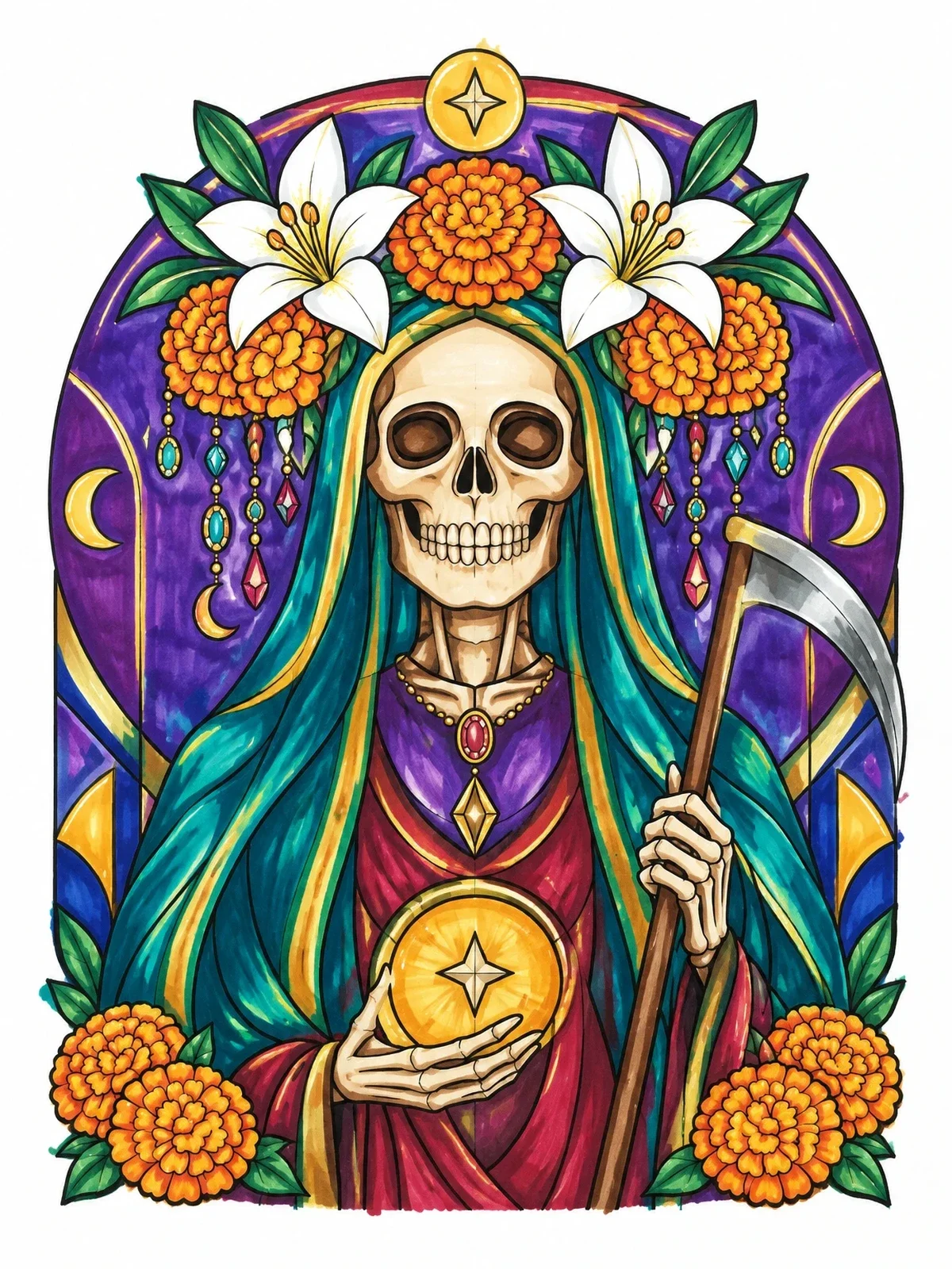 Colored example of the Santa Muerte Floral Folk Saint coloring page