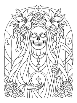 Free printable Santa Muerte Floral Folk Saint coloring page