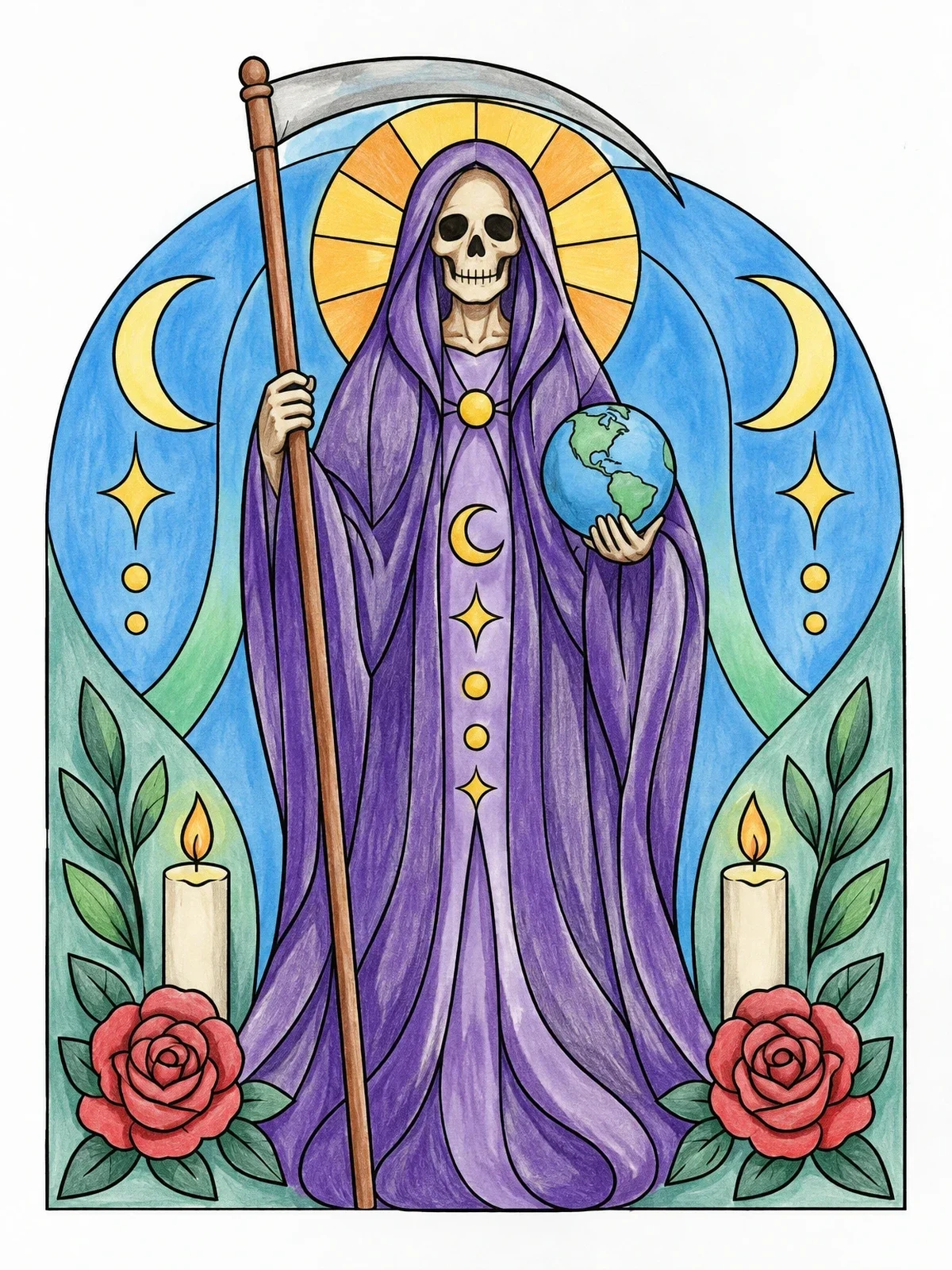 Colored example of the Santa Muerte Folk Saint With Scythe And Globe coloring page