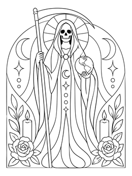 Free printable Santa Muerte Folk Saint With Scythe And Globe coloring page