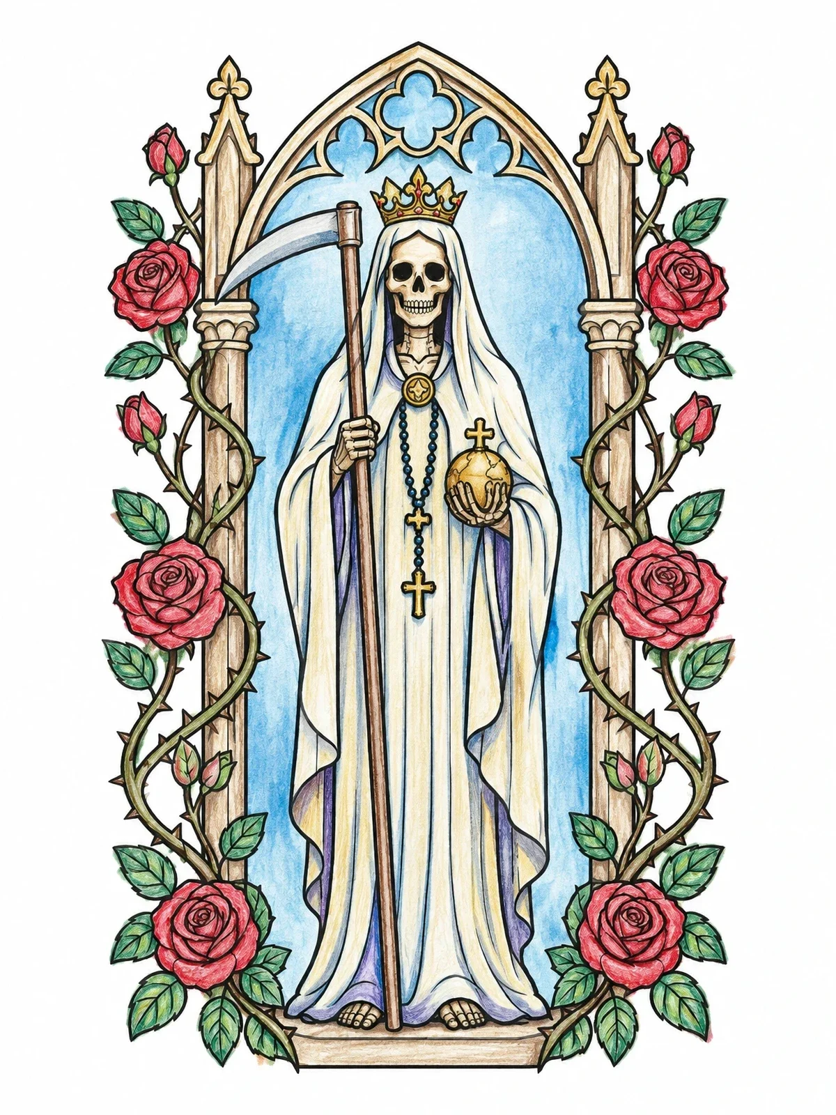 Colored example of the Santa Muerte In Gothic Arch coloring page