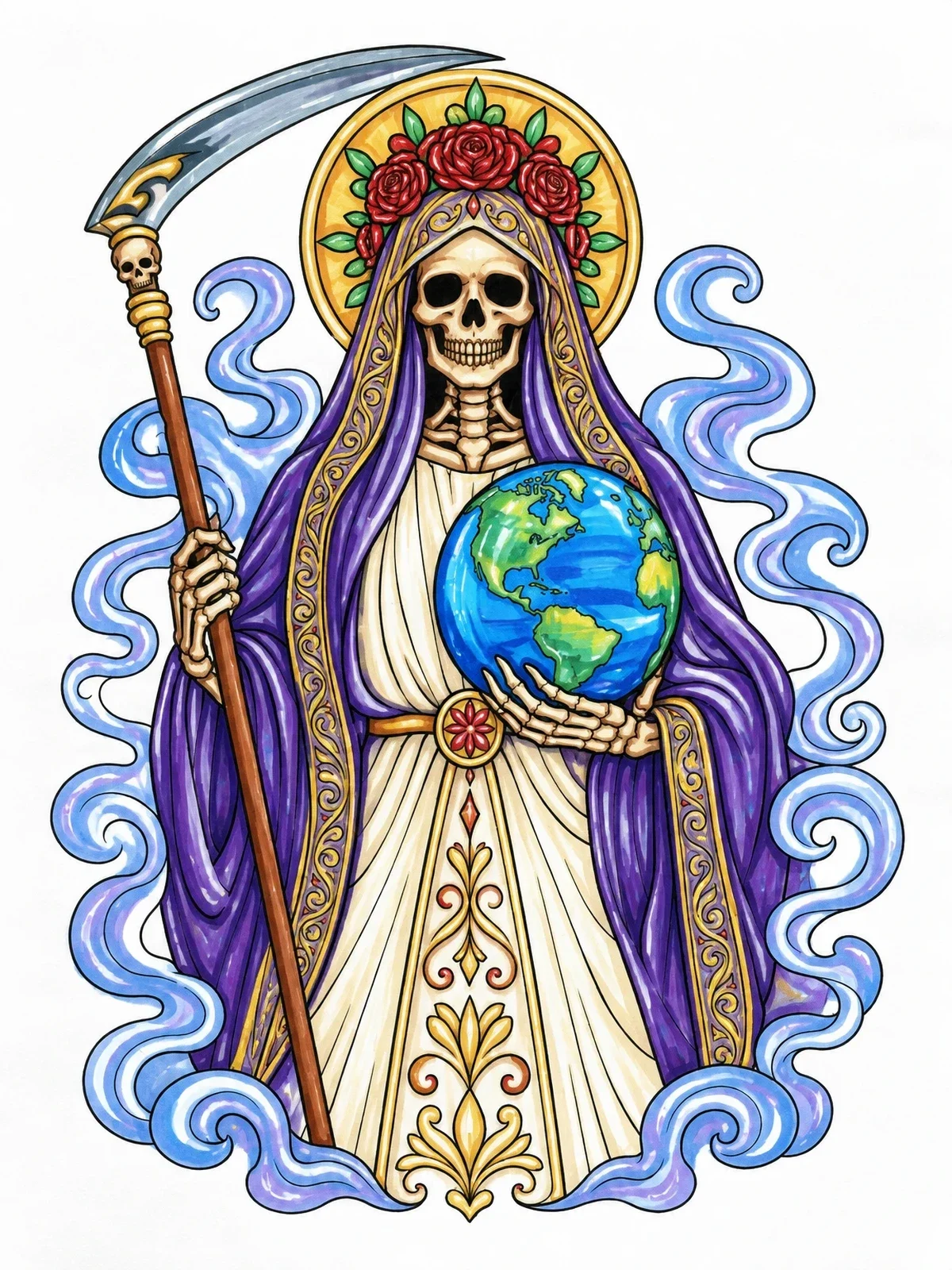 Colored example of the Santa Muerte Holding The Globe coloring page