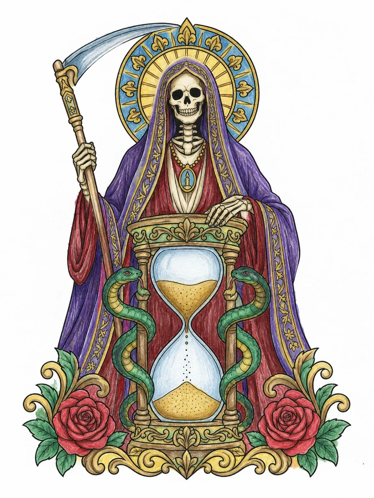 Colored example of the Santa Muerte With Hourglass And Serpents coloring page