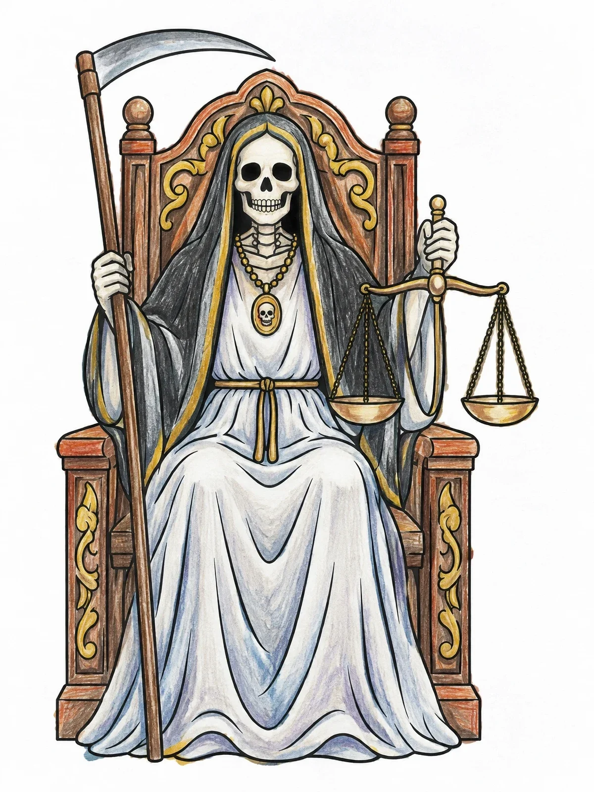 Colored example of the Santa Muerte On Carved Throne coloring page