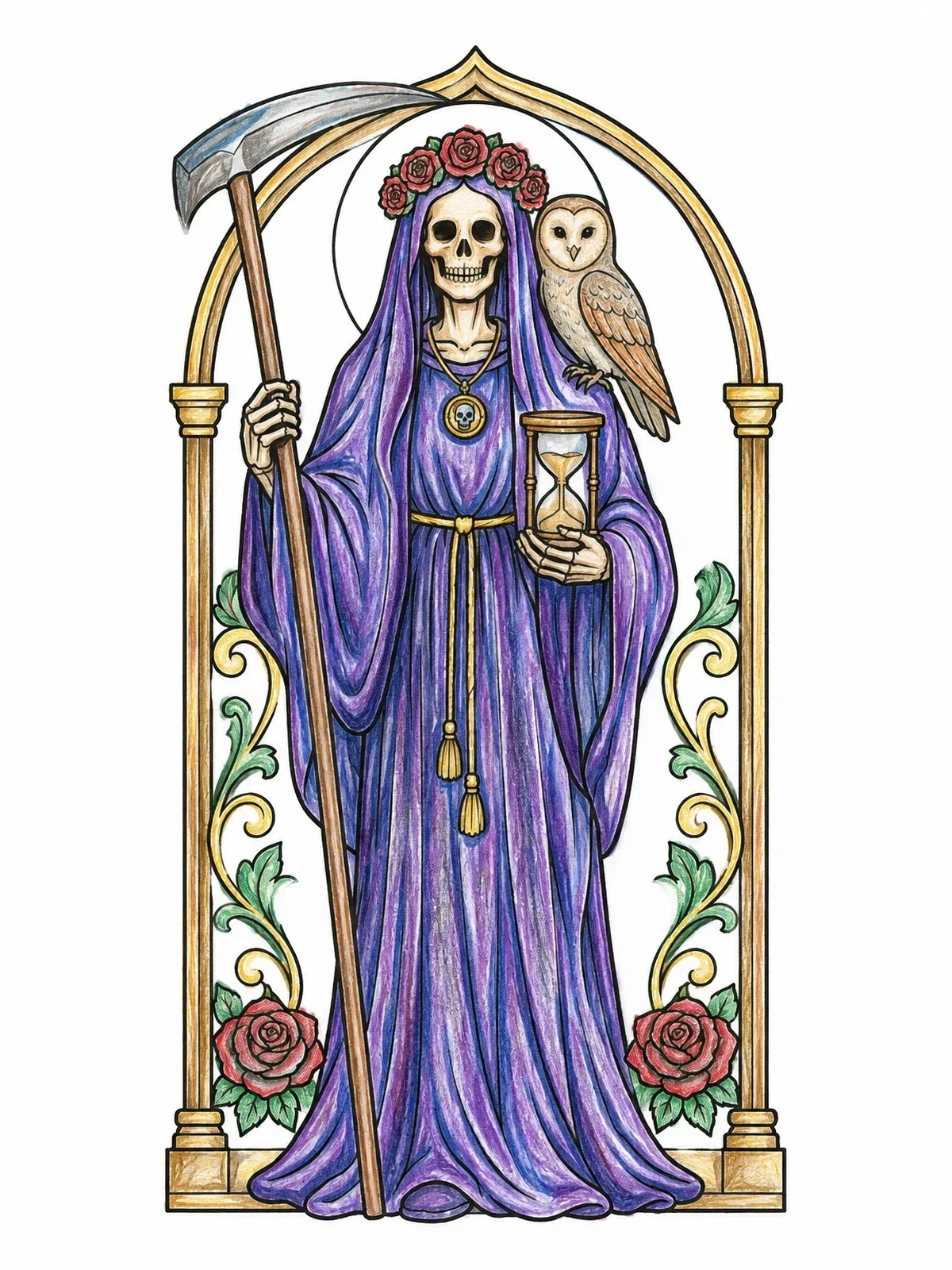 Colored example of the Santa Muerte With Owl And Hourglass coloring page