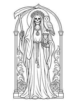 Free printable Santa Muerte With Owl And Hourglass coloring page