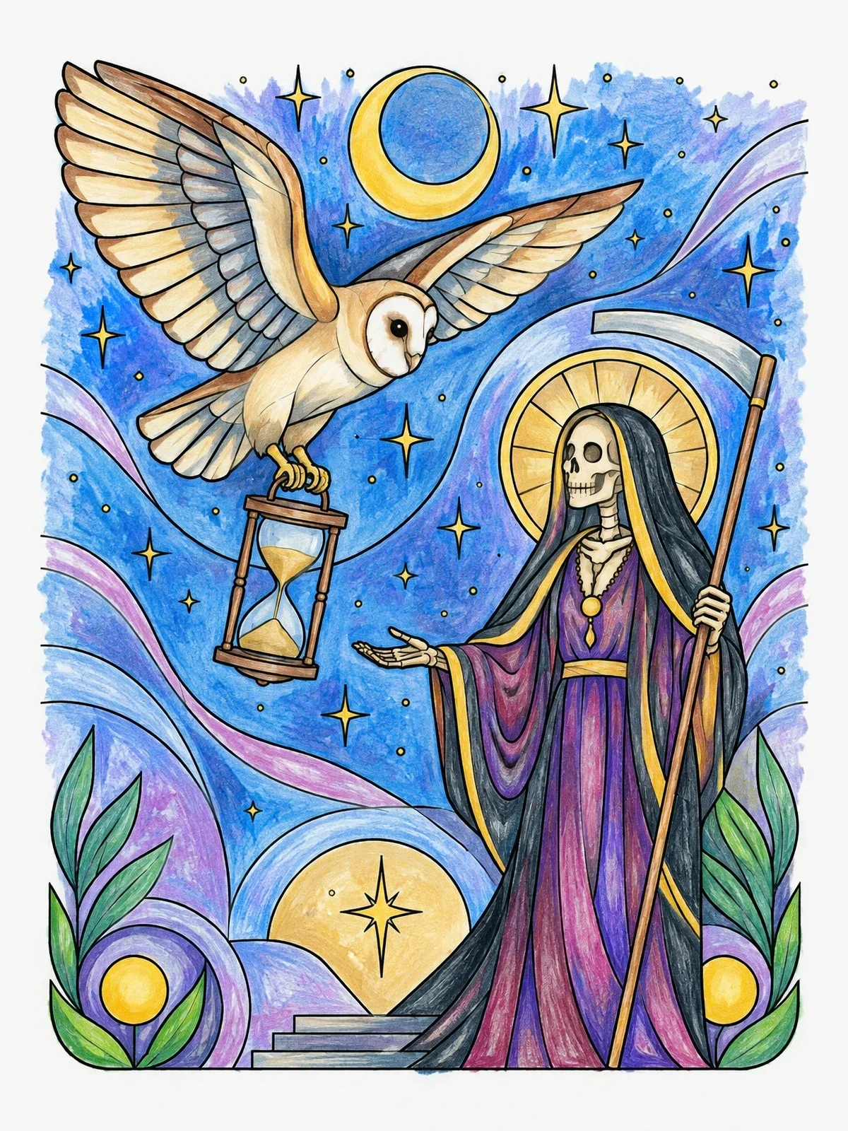 Colored example of the Santa Muerte With Owl And Hourglass coloring page