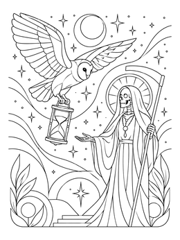 Free printable Santa Muerte With Owl And Hourglass coloring page