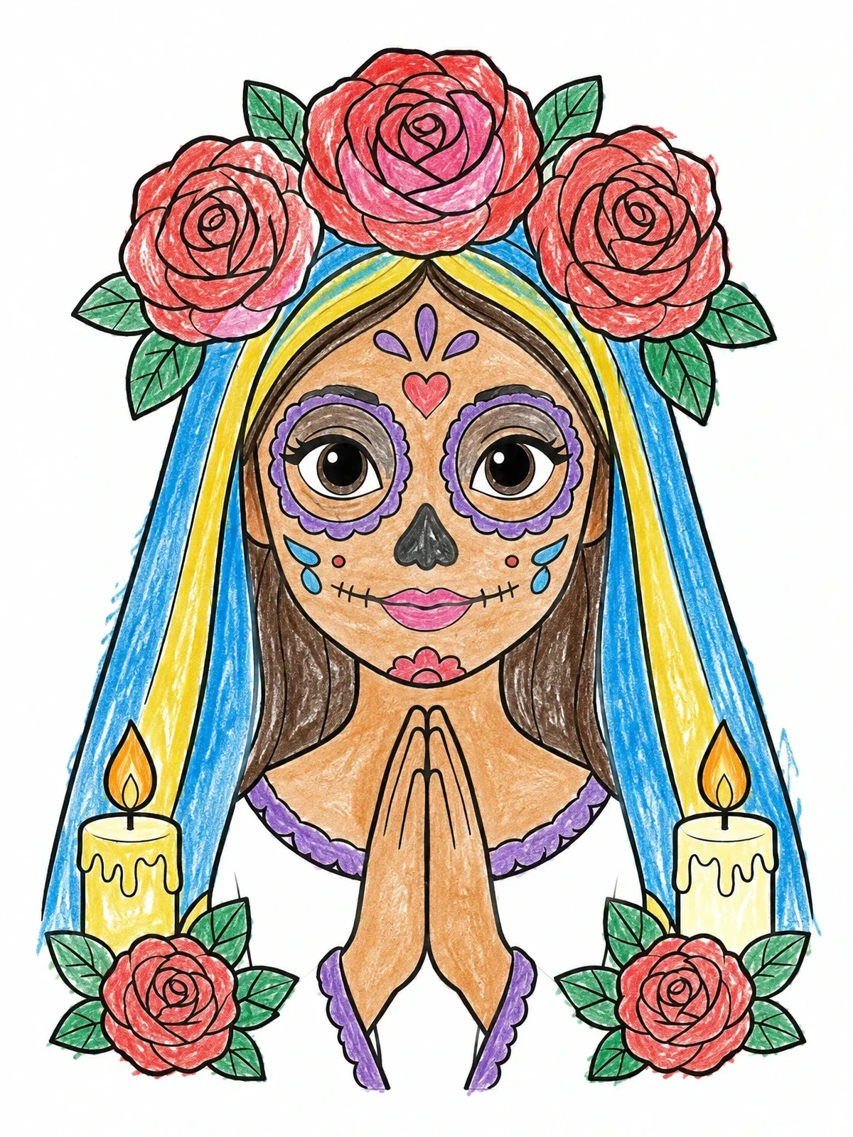 Colored example of the Praying Veiled Lady With Rose Crown coloring page