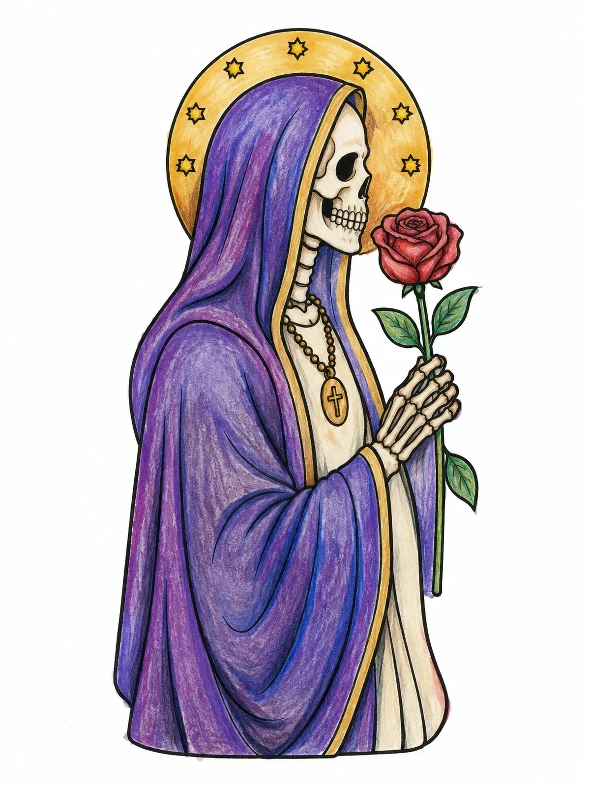 Colored example of the Santa Muerte Profile With Rose coloring page