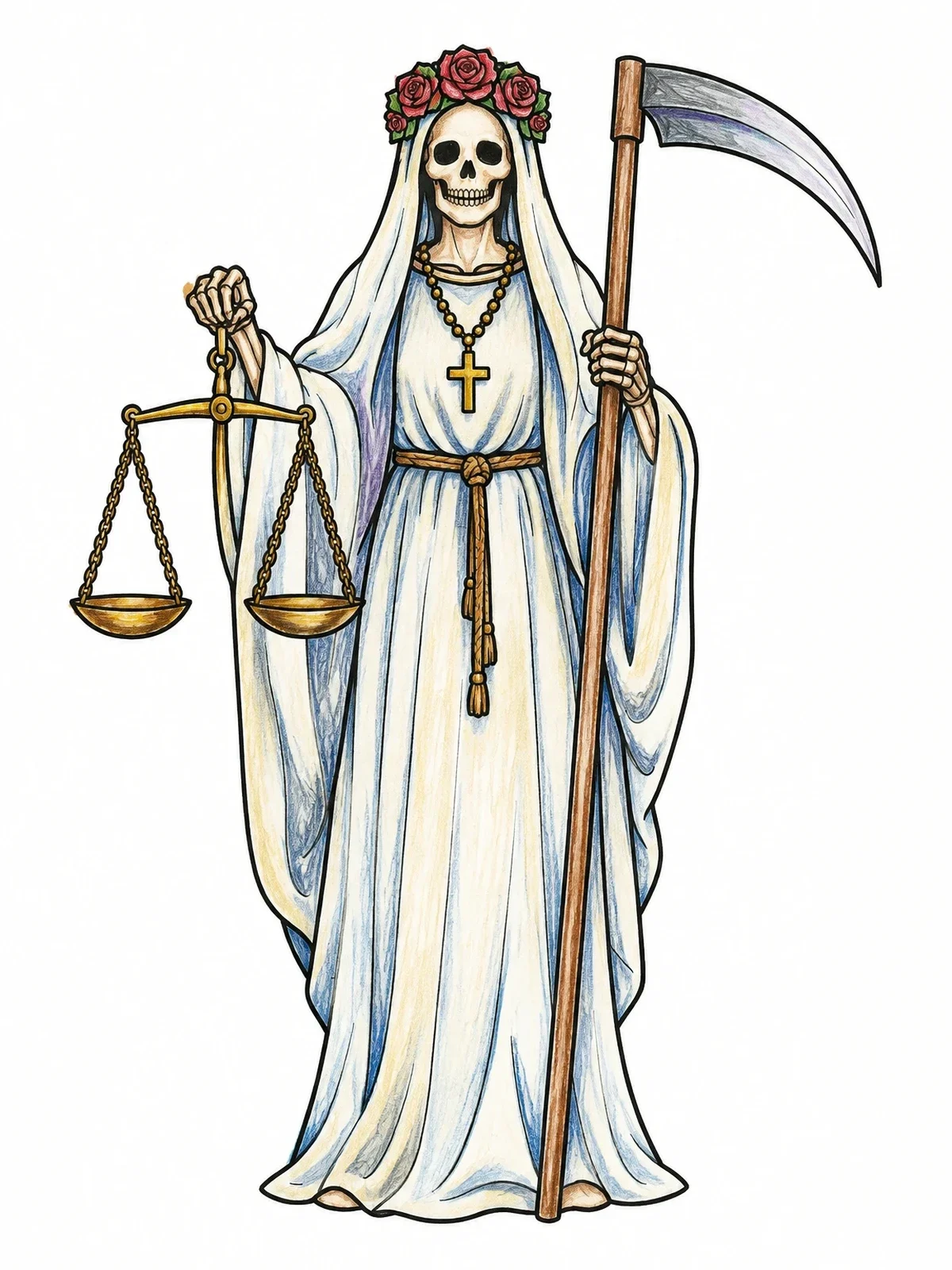Colored example of the Santa Muerte With Scales And Scythe coloring page