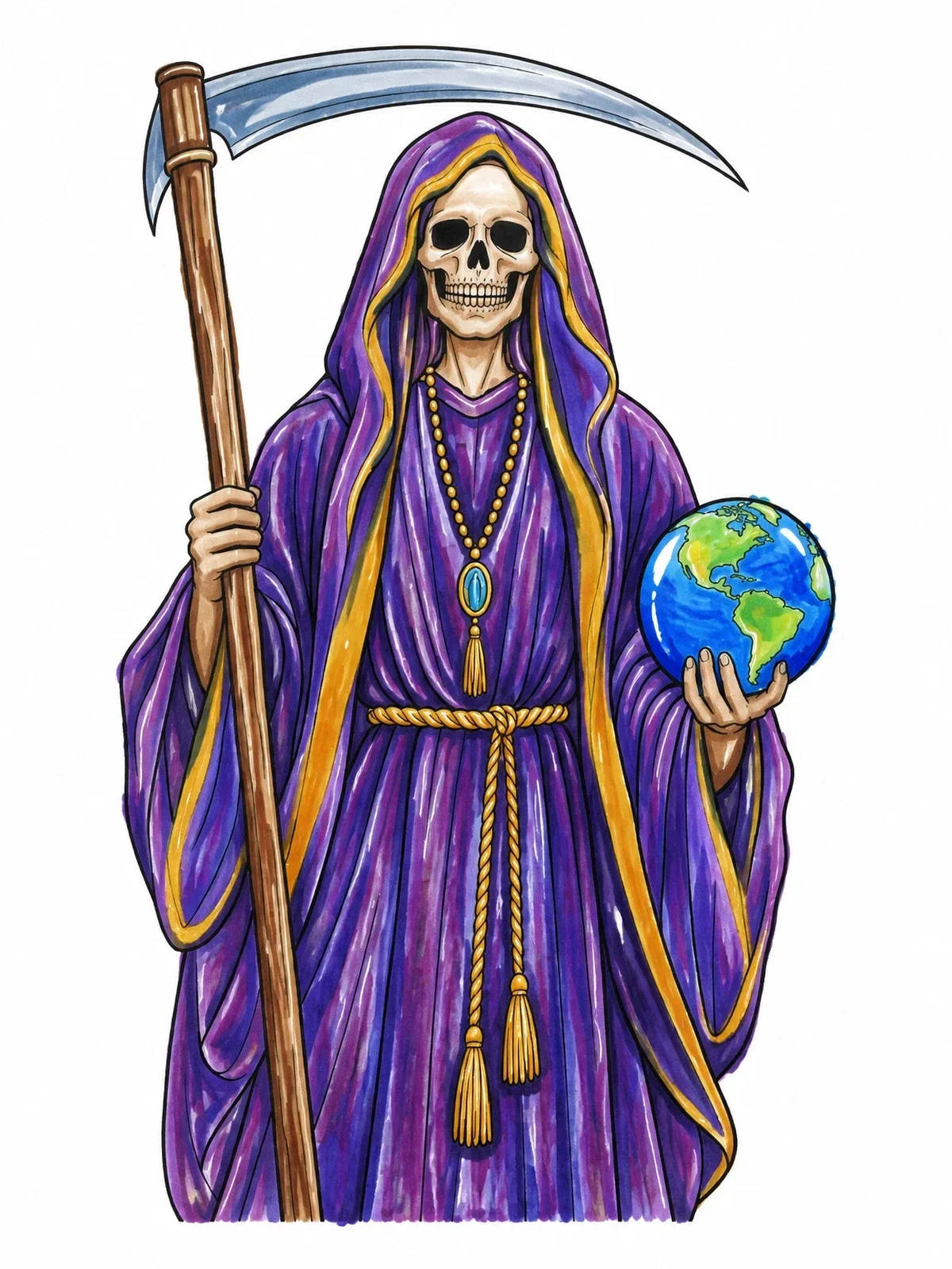Colored example of the Santa Muerte With Scythe And Globe coloring page