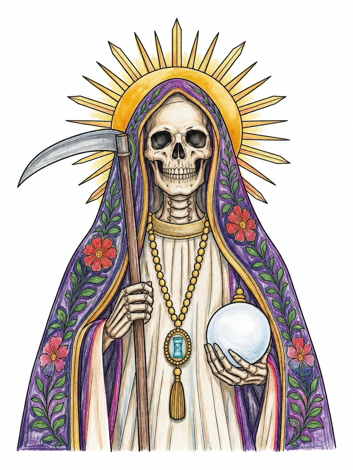 Colored example of the Santa Muerte With Scythe And Halo coloring page
