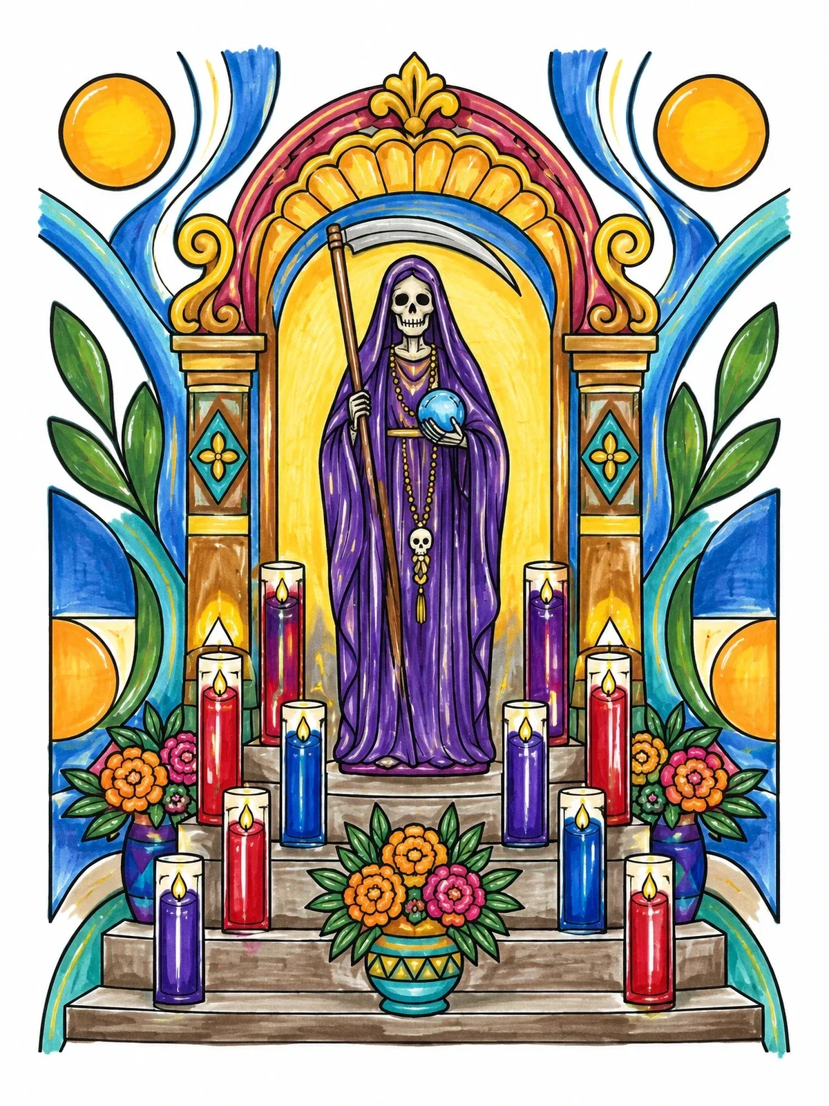 Colored example of the Santa Muerte Shrine With Candles coloring page