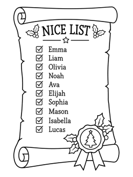 A festive scroll in this santa claus is comin to town coloring page shows names checked off on the nice list.